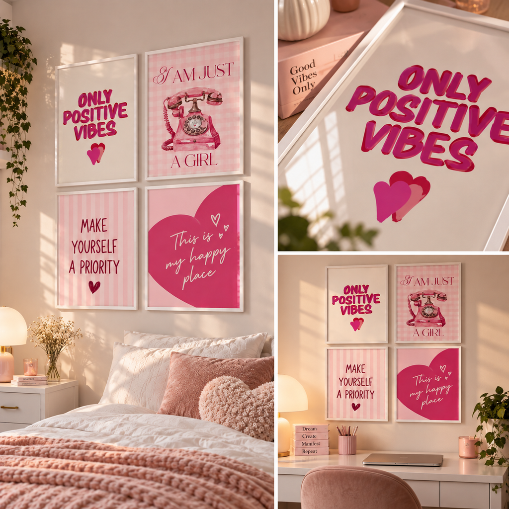 Set quadri decorativi pink ambientato in camera da letto