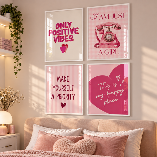 Set completo di 6 quadri decorativi rosa con cornici bianche